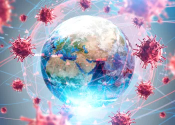 Coronavirus flu ncov over Earth background and its blurry hologram. Concept of cure search and global world. 3d rendering toned image. Elements of this image furnished by NASA