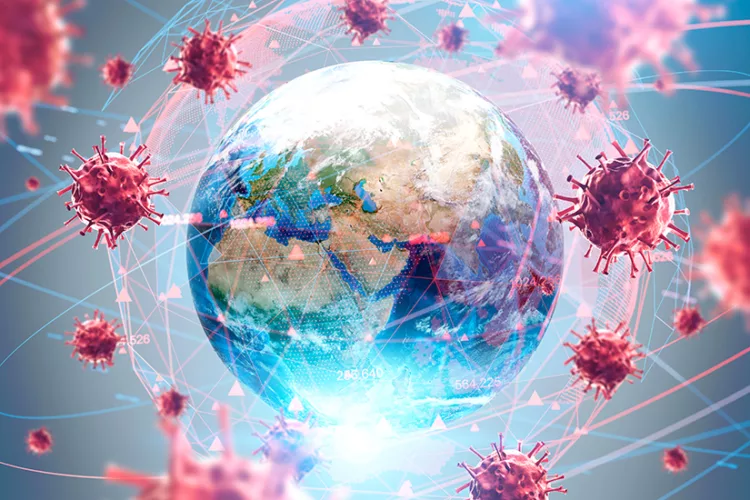 Coronavirus flu ncov over Earth background and its blurry hologram. Concept of cure search and global world. 3d rendering toned image. Elements of this image furnished by NASA