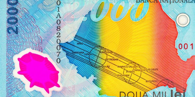 2000 Lei Romania, 1999 with the image of the Romanian flag within map outline of Romania. Polymer money of Romania and Europe.