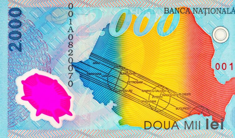 2000 Lei Romania, 1999 with the image of the Romanian flag within map outline of Romania. Polymer money of Romania and Europe.